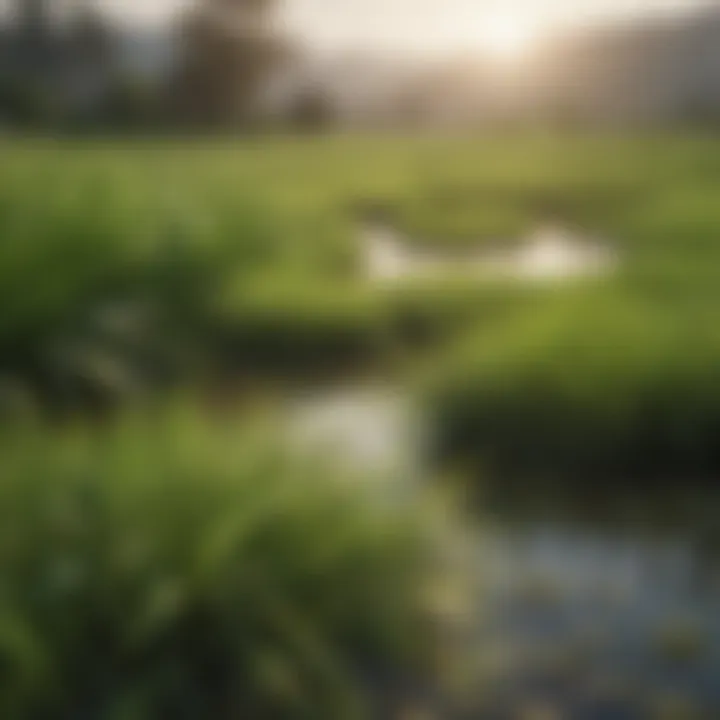 A rice field with lush green plants under a clear sky