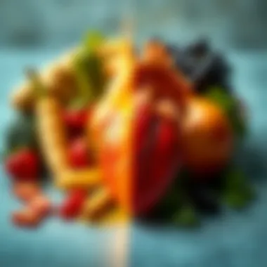 Visual representation of a heart and healthy vs unhealthy foods