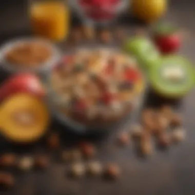 Mindful Snacking with Fruits and Nuts An inviting scene of a colorful fruit and nut bowl paired with herbal tea, exemplifying mindful snacking.
