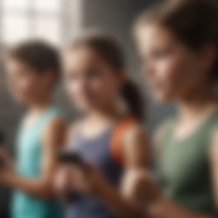 A joyful group of children exercising with mobile devices