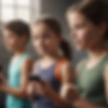Children Embracing Fitness Technology A joyful group of children exercising with mobile devices