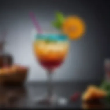 A close-up of a zero carb cocktail with intricate garnishing and vibrant colors