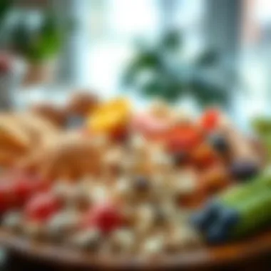 A variety of fiber-rich snacks displayed on a wooden platter