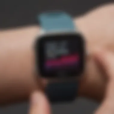 A close-up of a Fitbit-style watch showing health metrics on the display.