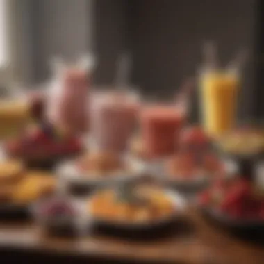 Inviting Breakfast Spread with Shakes An inviting breakfast table set with a variety of smoothie bowls and toppings