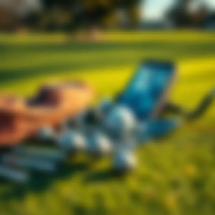 Essential golf accessories laid out on a golf course