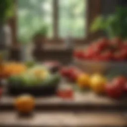 Fresh vegetables and fruits arranged beautifully on a wooden table