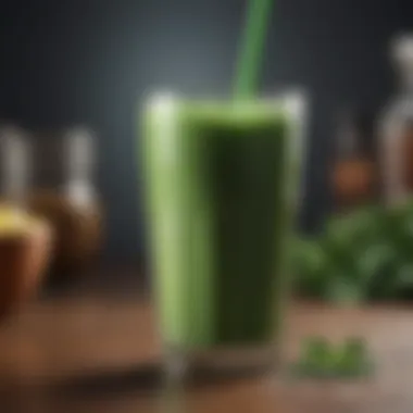 A close-up of a glass filled with a nutritious green shake mix