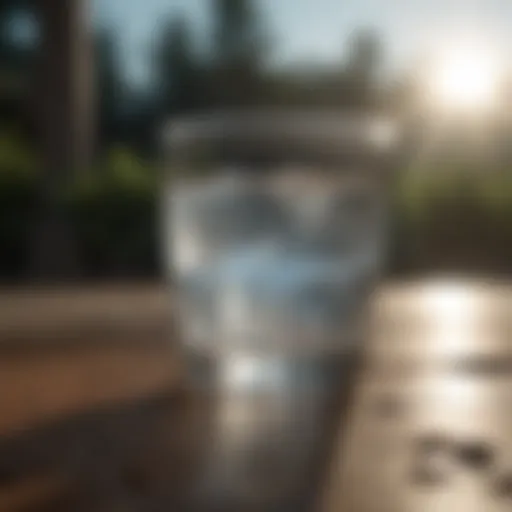 Clear water in a glass reflecting sunlight