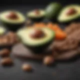 An assortment of keto-friendly foods including avocados, nuts, and low-carb vegetables