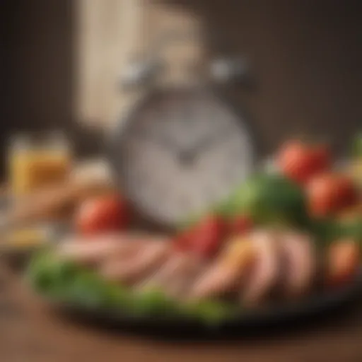 The concept of intermittent fasting illustrated with a clock and healthy food