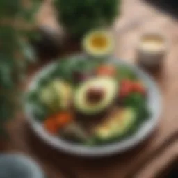 Colorful keto-friendly meal plate featuring avocados and greens.