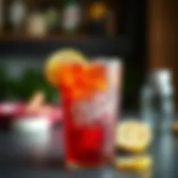 A refreshing glass of Keto Dr Pepper with ice and a slice of lemon.