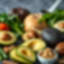 An assortment of keto-friendly foods including avocados, nuts, and leafy greens.