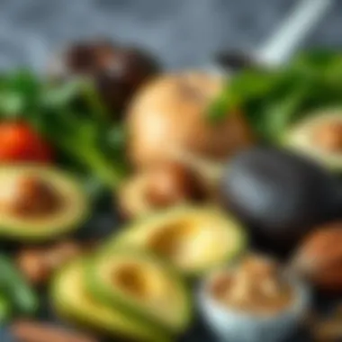 An assortment of keto-friendly foods including avocados, nuts, and leafy greens.