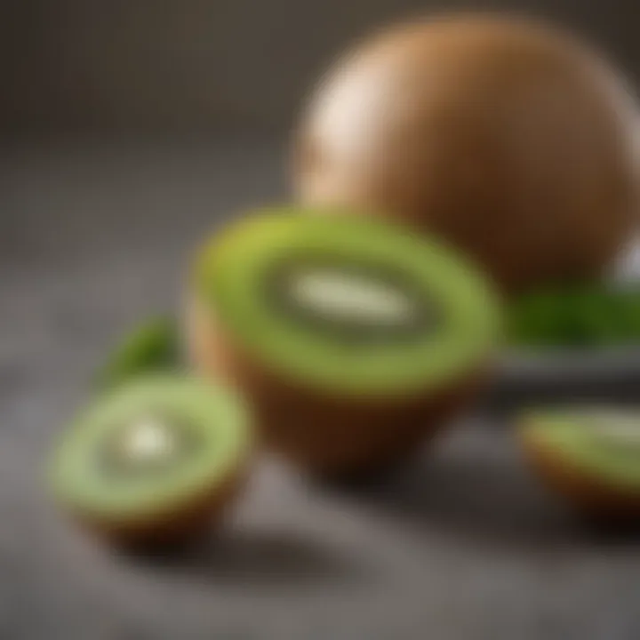 A bowl of fresh kiwi with a backdrop of health-related items