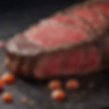 Juicy Steak Packed with Iron Close-up of a juicy steak highlighting its marbling and texture, symbolizing high iron content
