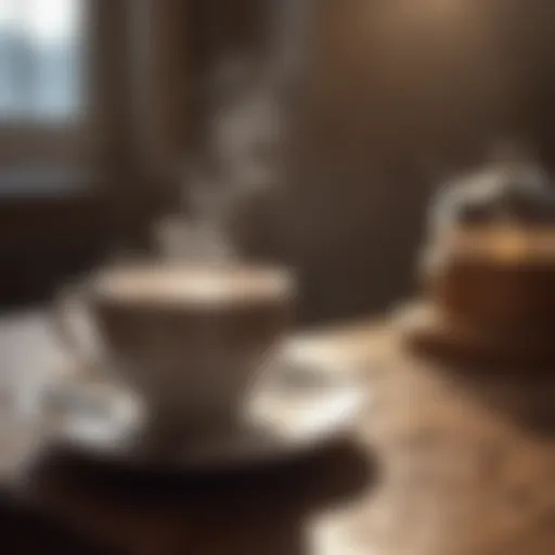 A steaming cup of coffee on a wooden table