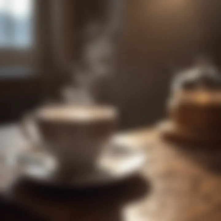 A steaming cup of coffee on a wooden table