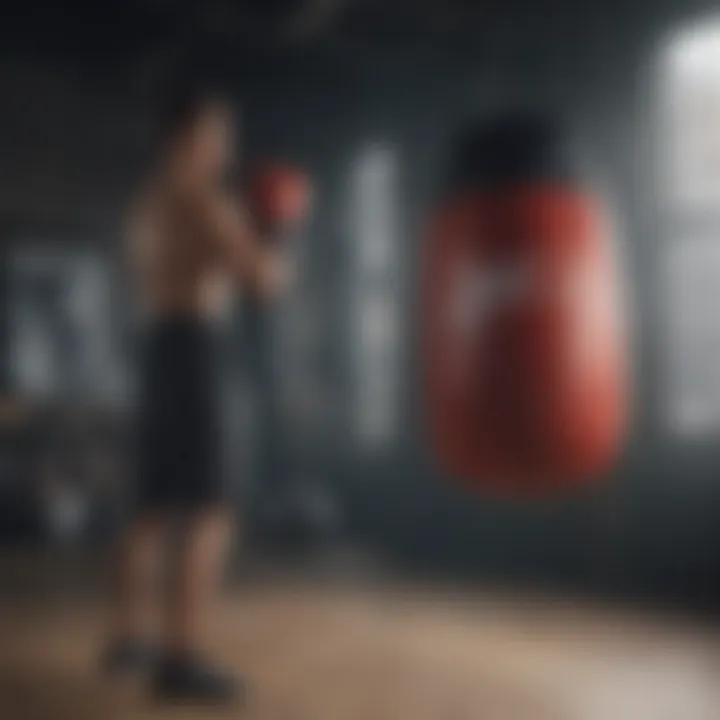 User demonstrating a training technique with a Nike boxing bag