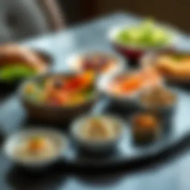 An elegant display of portion-controlled dishes to illustrate the importance of moderation in diet.