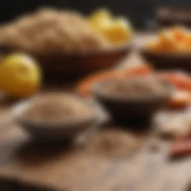 An array of wholesome carbohydrates like whole grains and fruits on a wooden table