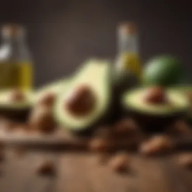 Selection of healthy fats like avocados, nuts, and olive oil elegantly displayed