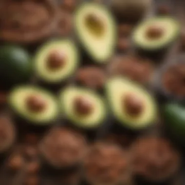 Essential Healthy Fats for Weight Gain A colorful display of healthy fats including avocados, nuts, and seeds.