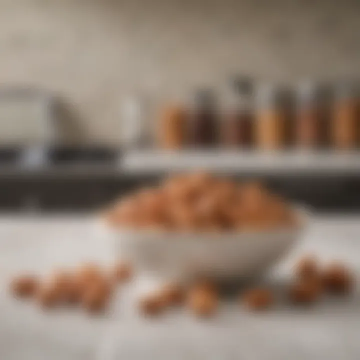 A bowl of almonds and macadamia nuts on a kitchen counter.