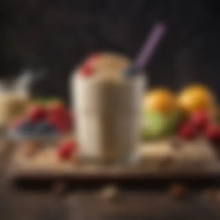 A glass of oats protein shake presented with fresh fruits and nuts garnishing