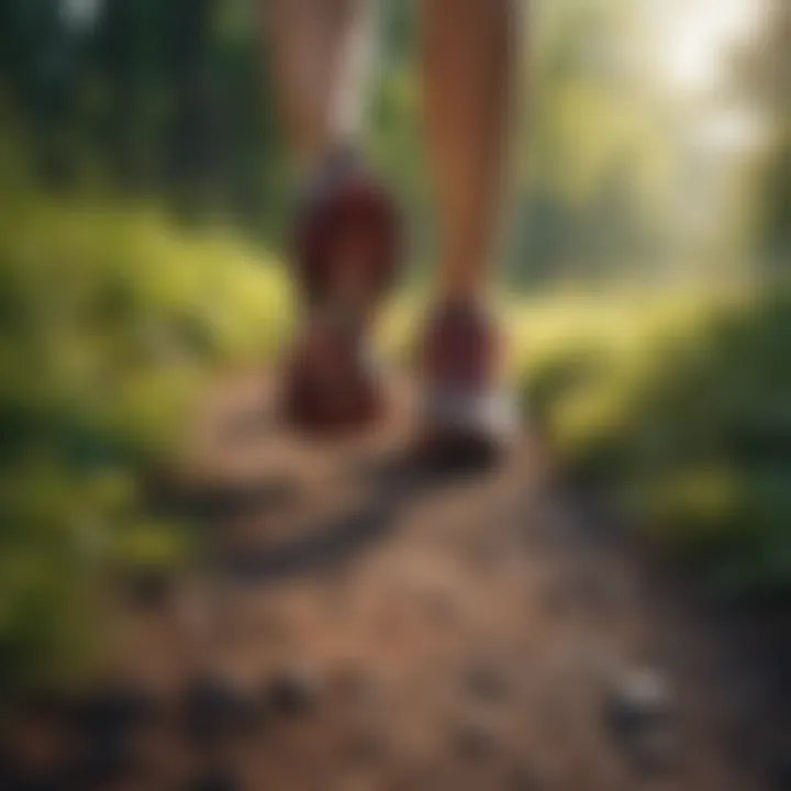 A close-up of athletic footwear on a jogging trail