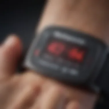 Close-up of heart rate monitor displaying fitness metrics