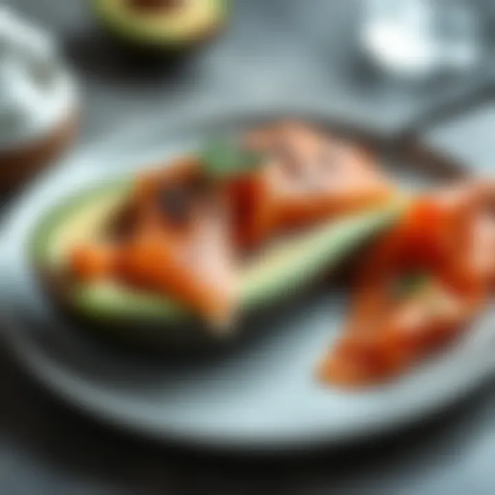 Artfully arranged avocado and smoked salmon on a plate