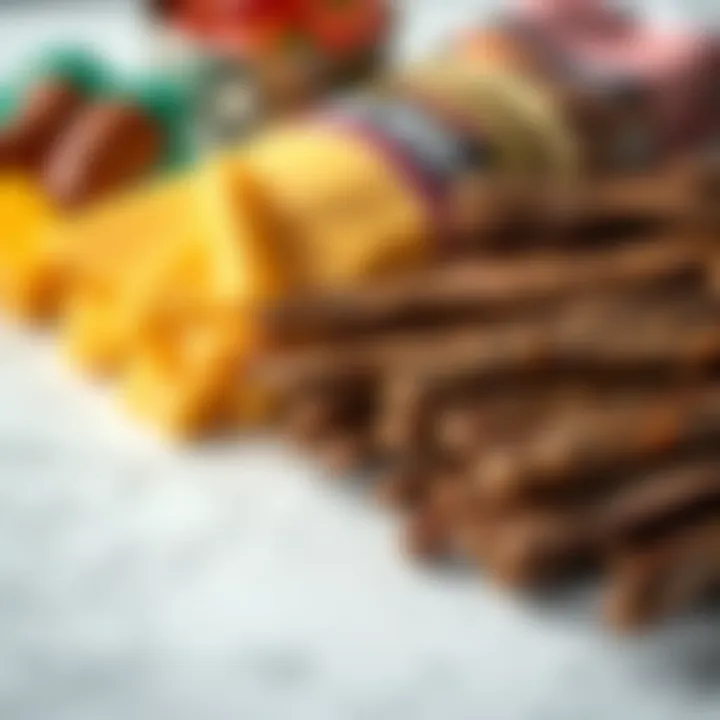 An assortment of beef jerky and cheese sticks on a marble surface