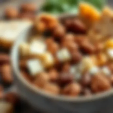 Close-up of a protein-packed snack bowl with nuts and cheese