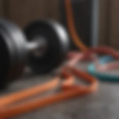 Close-up of weights and resistance bands emphasizing strength training