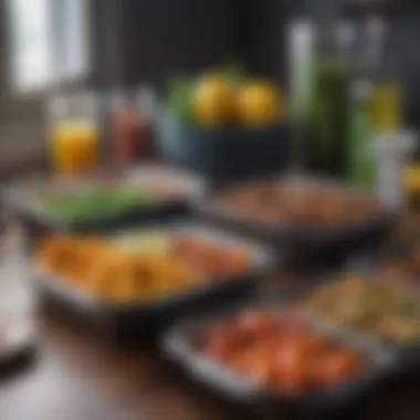 An organized workspace with meal prep containers and ingredients.