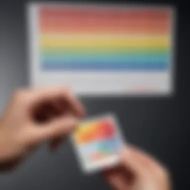 Interpreting results with SlimFast ketone color chart User holding SlimFast ketone test strip next to a color chart for interpretation