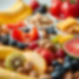 Colorful array of healthy snacks including fruits and nuts