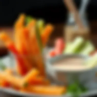 Crunchy Vegetable Sticks with Dip Fresh vegetable sticks with a light dip on the side