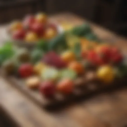 Fresh fruits and vegetables arranged artfully on a wooden table