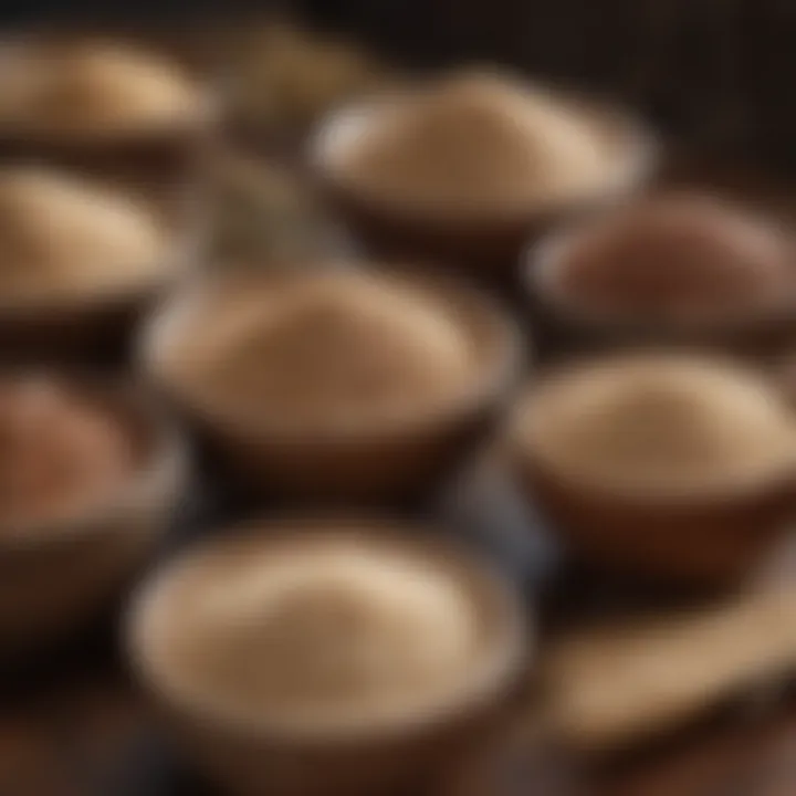 An assortment of whole grains displayed in rustic bowls