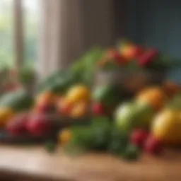 Colorful fruits and vegetables arranged beautifully on a table