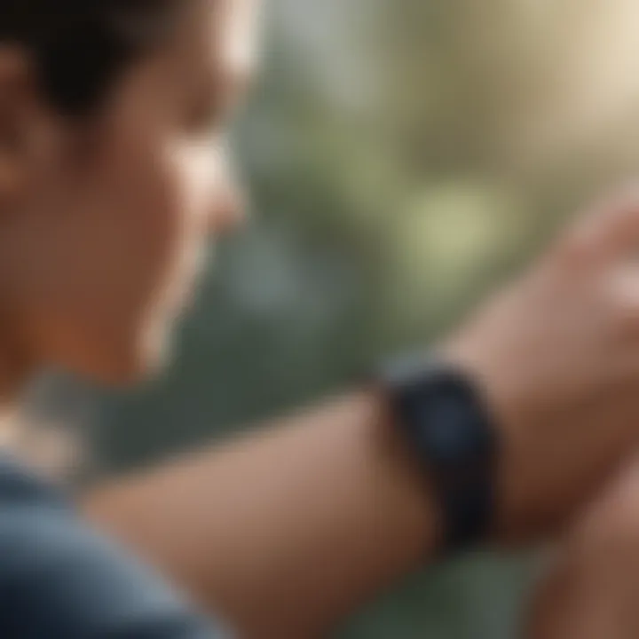 A person using a smartphone app to sync data from a Fitbit-style watch.