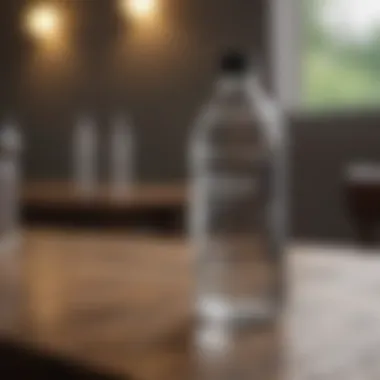 Bottled water on a wooden table with a blurred background