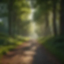 A serene running path through a lush green park