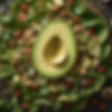 A close-up of nutrient-rich ingredients such as avocados, nuts, and seeds incorporated into a salad.