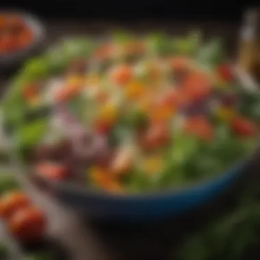 A vibrant, colorful salad bowl showcasing a variety of fresh vegetables and greens.