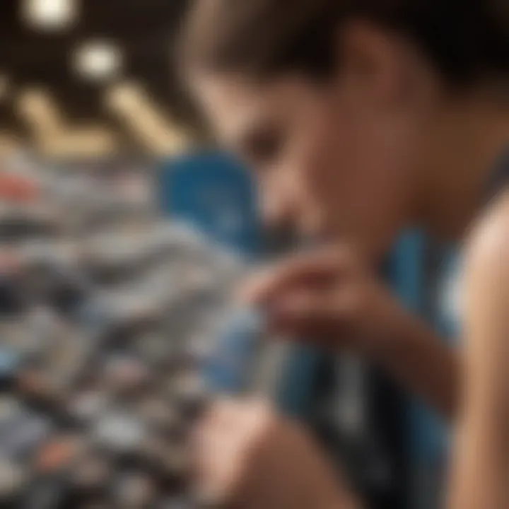 Consumer examining price tags on athletic runners