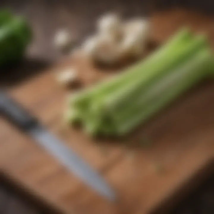 Celery sticks arranged on a wooden cutting board with a knife